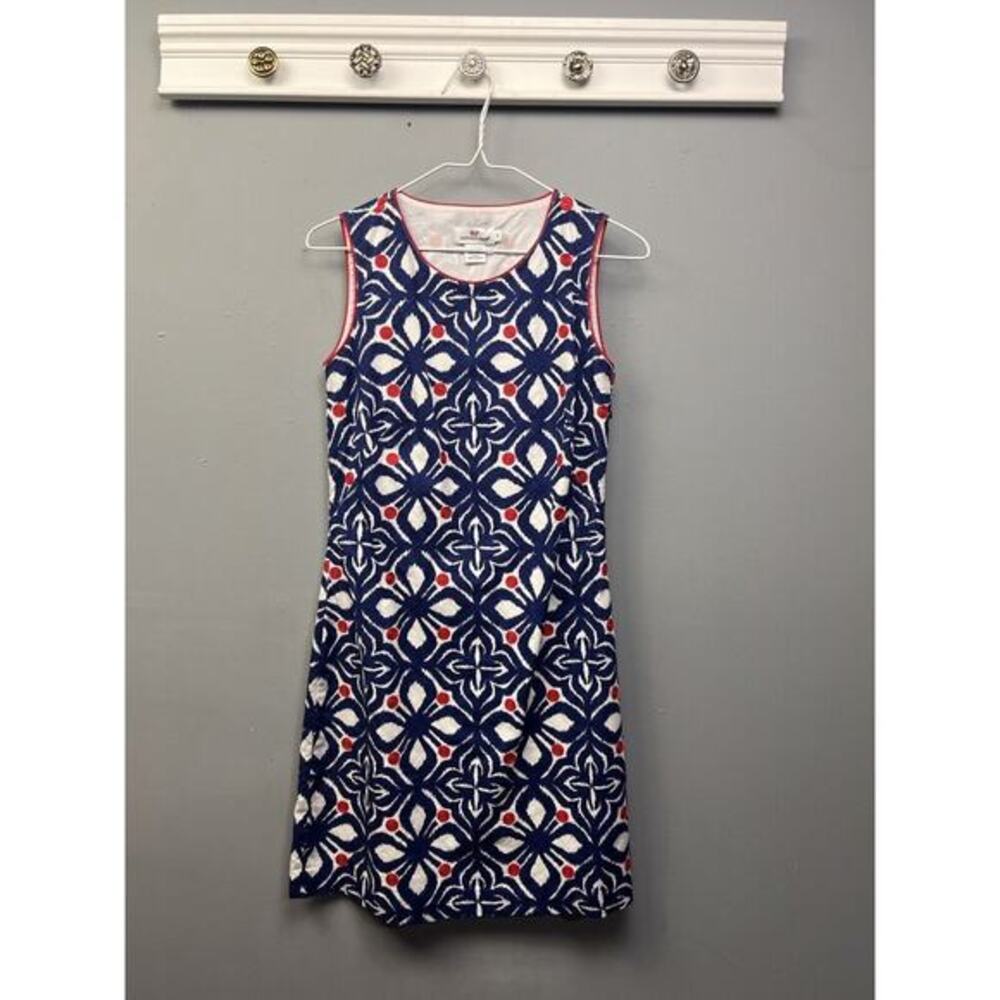 Vineyard Vines Whale Tail Tile Embroidered Dress Womens size 00 Blue Sleeveless